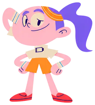 A colorful character with a pink head and body stands confidently, wearing an off-white shirt and orange shorts. The character has red shoes and purple hair, complemented by bold accessories, exuding 