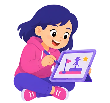 Girl Drawing a Game on Tablet