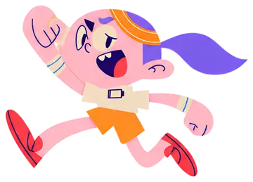 A cartoon character leaps forward energetically, with a pink body, orange shorts, and a bright expression. The character has a purple headband and red shoes, showcasing a playful and dynamic pose.