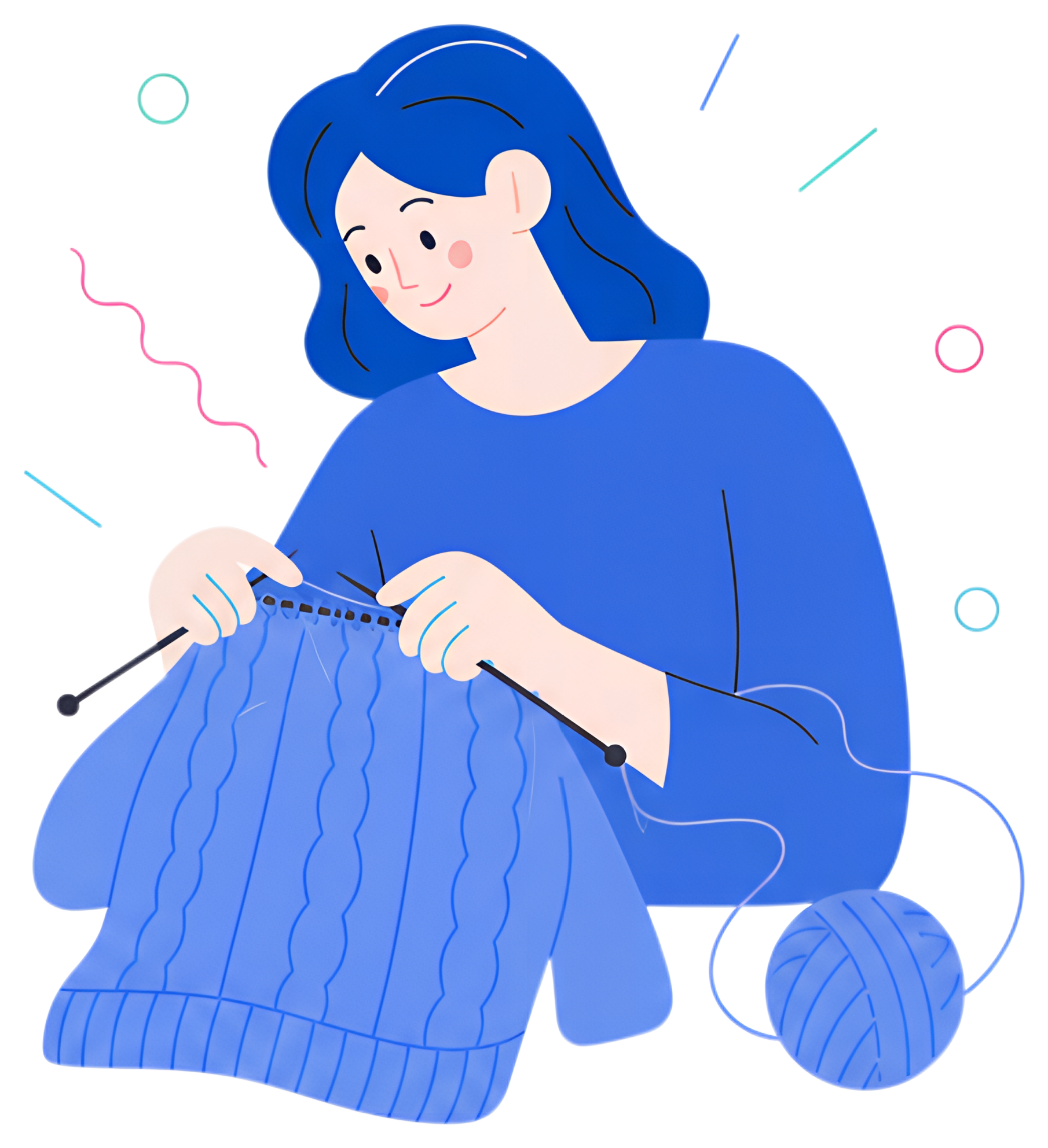 A cheerful person with blue hair is knitting a blue sweater with visible cable patterns while holding knitting needles. A ball of yarn lies nearby, adding a playful touch to the scene with colorful, w