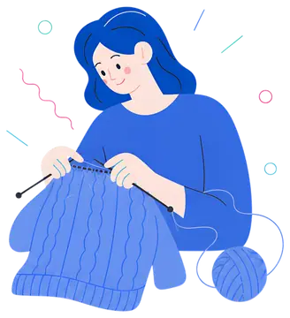 Smiling person knitting a blue sweater
