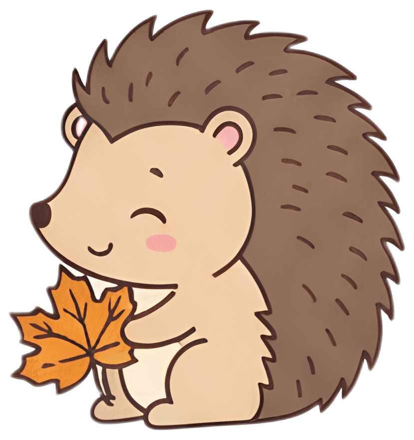 A cheerful hedgehog happily holds an orange autumn leaf, with a light brown body and darker spines. The illustration features soft, rounded shapes and a playful expression, accentuated by subtle blush