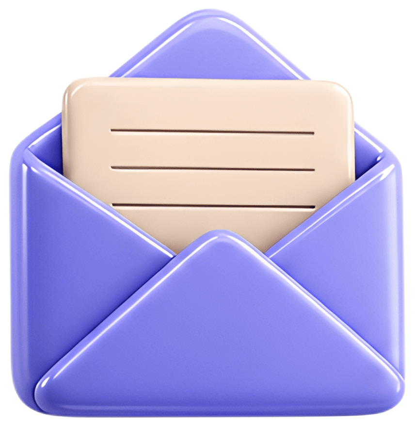 A glossy 3D envelope in purple holds a beige letter featuring horizontal lines, suggesting it is ready for writing. The design is modern and minimalist, showcasing a simple yet inviting appearance.