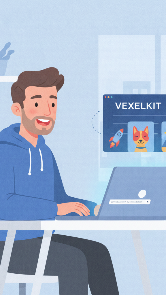 Smiling man at laptop with Vexelkit interface