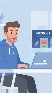 A smiling man sits at a laptop with a friendly tech vibe, surrounded by a simple interface displaying illustrations in the Vexelkit software. The background is light blue, enhancing the cheerful mood.
