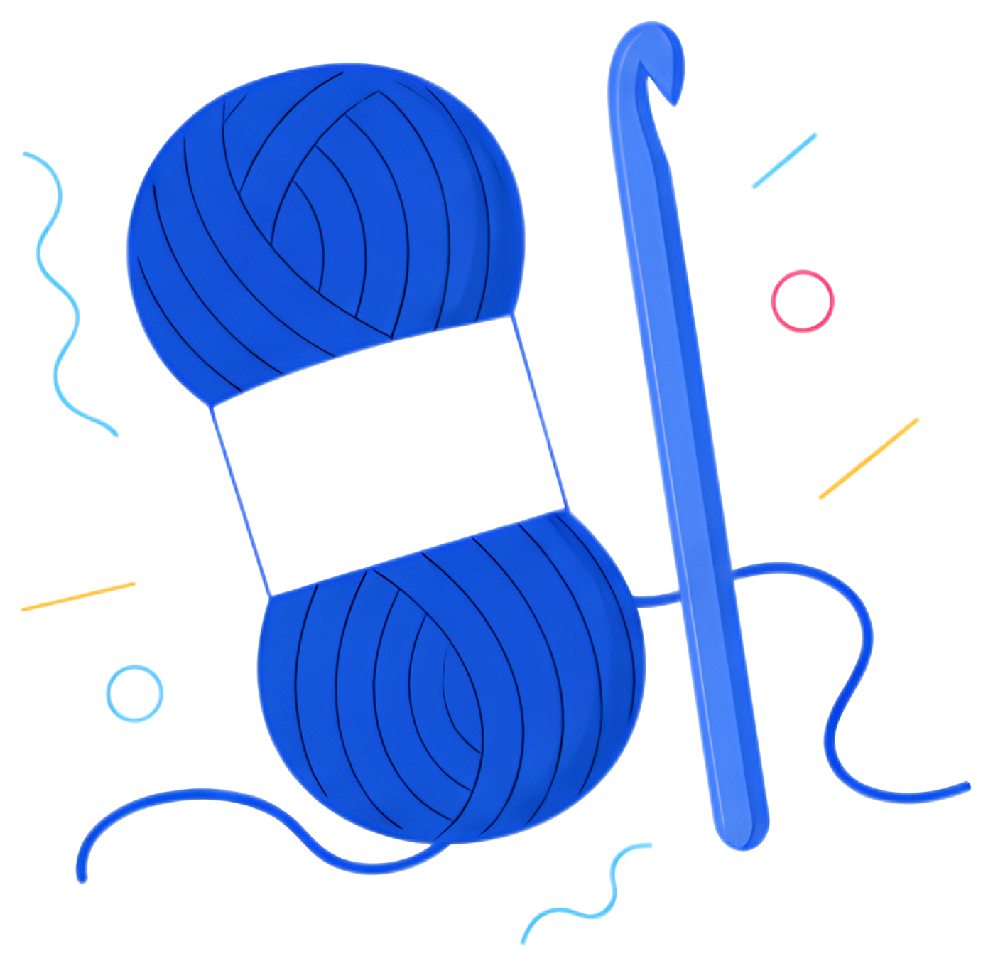 A vibrant deep blue skein of yarn sits beside a light blue crochet hook, surrounded by playful colored squiggles and circles. The yarn is tightly wound, showcasing its texture, while the hook is posed