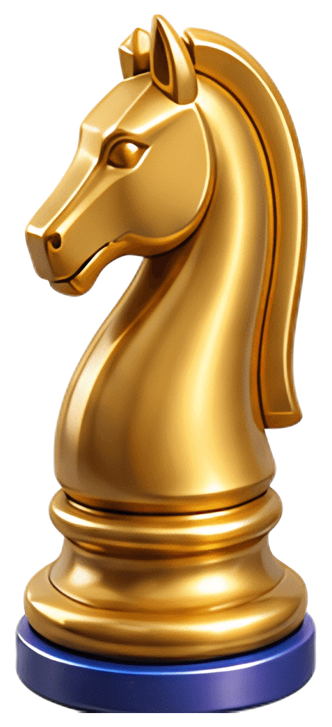 A shiny golden chess knight piece stands poised, showcasing intricate details and a glossy surface. The base features a rich blue accent, highlighting the elegance of the design.