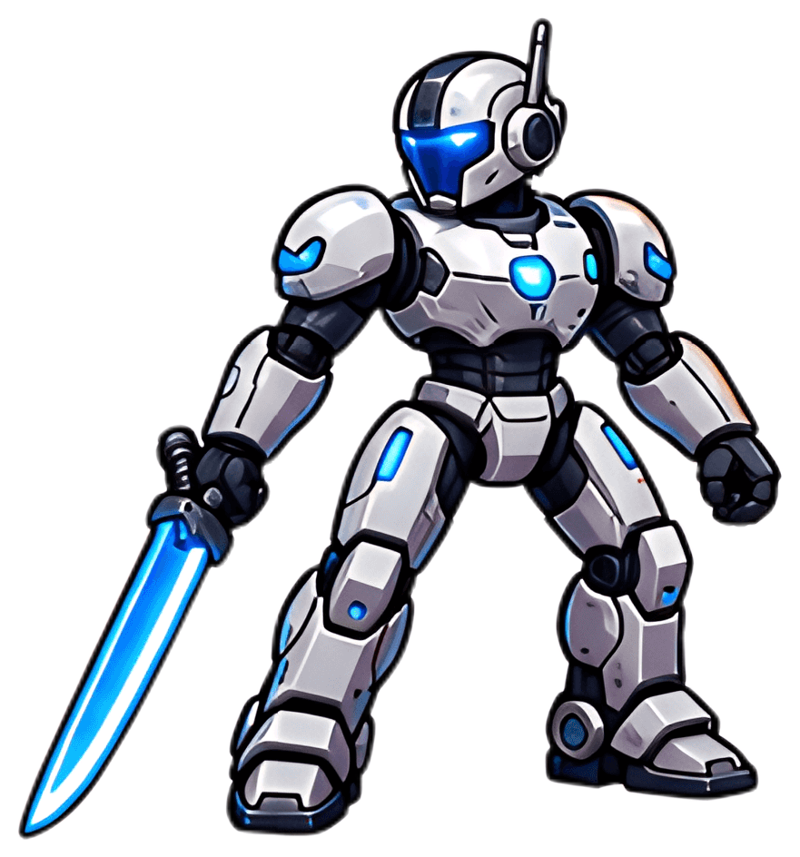 A stylized 3D robot swordsman stands confidently, wielding a glowing blue sword. The robot features a white and black armored design with blue accents, suggesting a futuristic aesthetic.