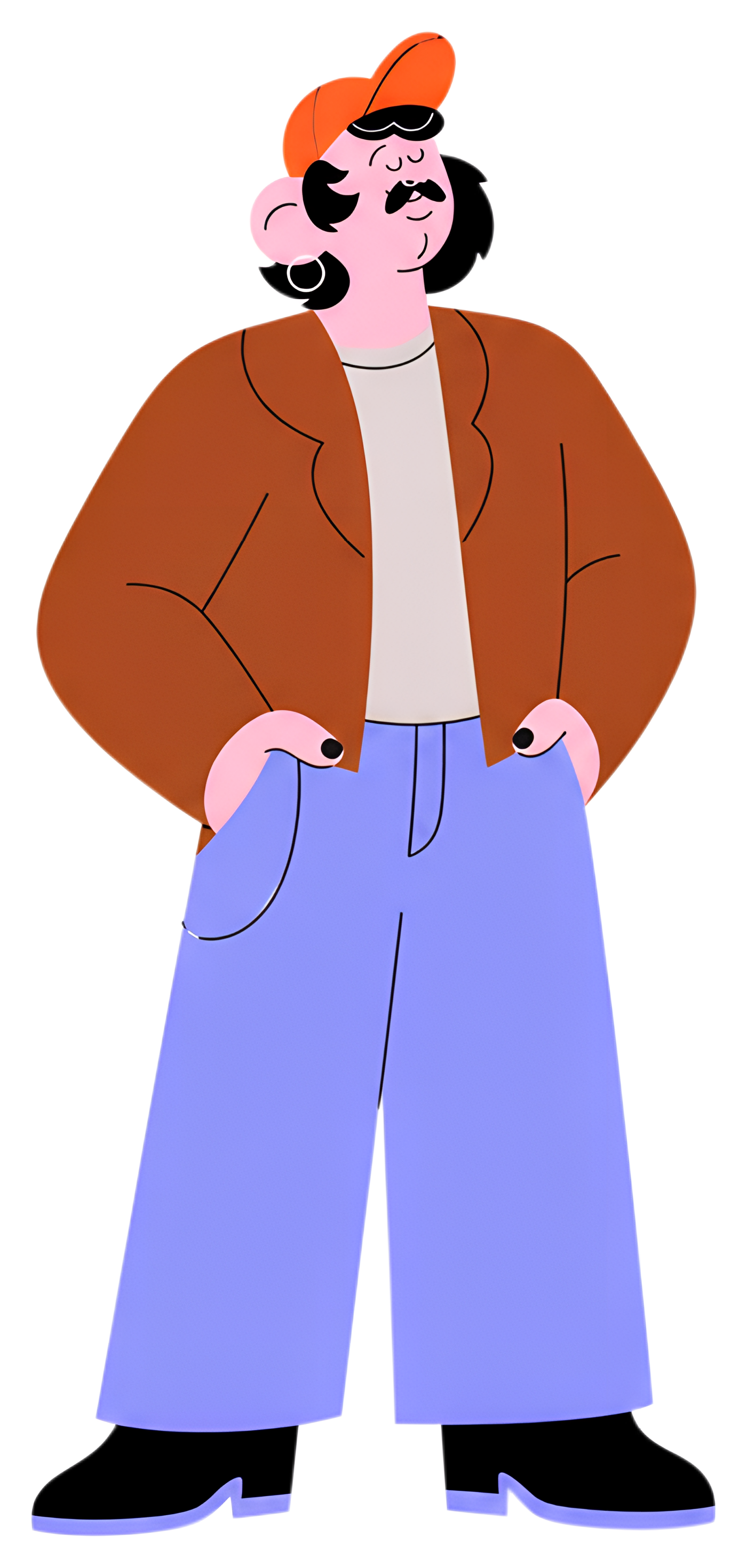 A person stands confidently with a slight smile, wearing a brown jacket over a light shirt and blue pants. Their hands are in their pockets, and they sport an orange cap, exuding a relaxed yet selfass