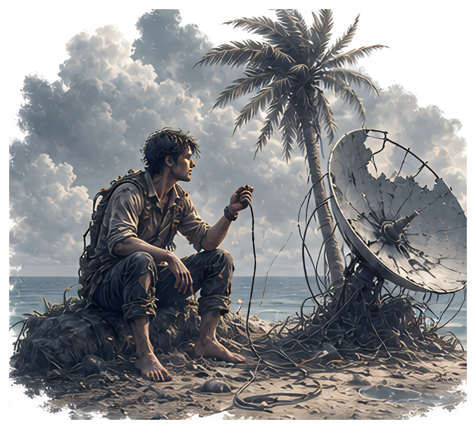 A character sits on a deserted island, holding a frayed cable from a broken satellite dish. The scene features palm trees, a cloudy sky, and the ocean in the background, emphasizing a feeling of desol