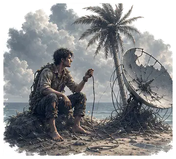 Stranded character with broken satellite dish
