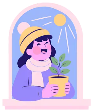 Happy person with plant by the window