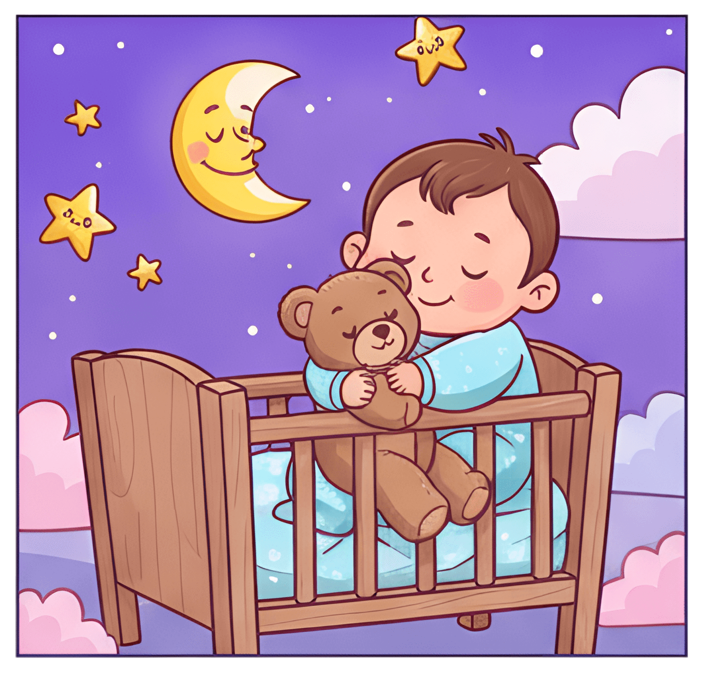 A joyful baby in a light blue outfit is hugging a brown teddy bear while sitting in a crib. The background features a soothing purple sky with a smiling crescent moon and cheerful stars, creating a {}