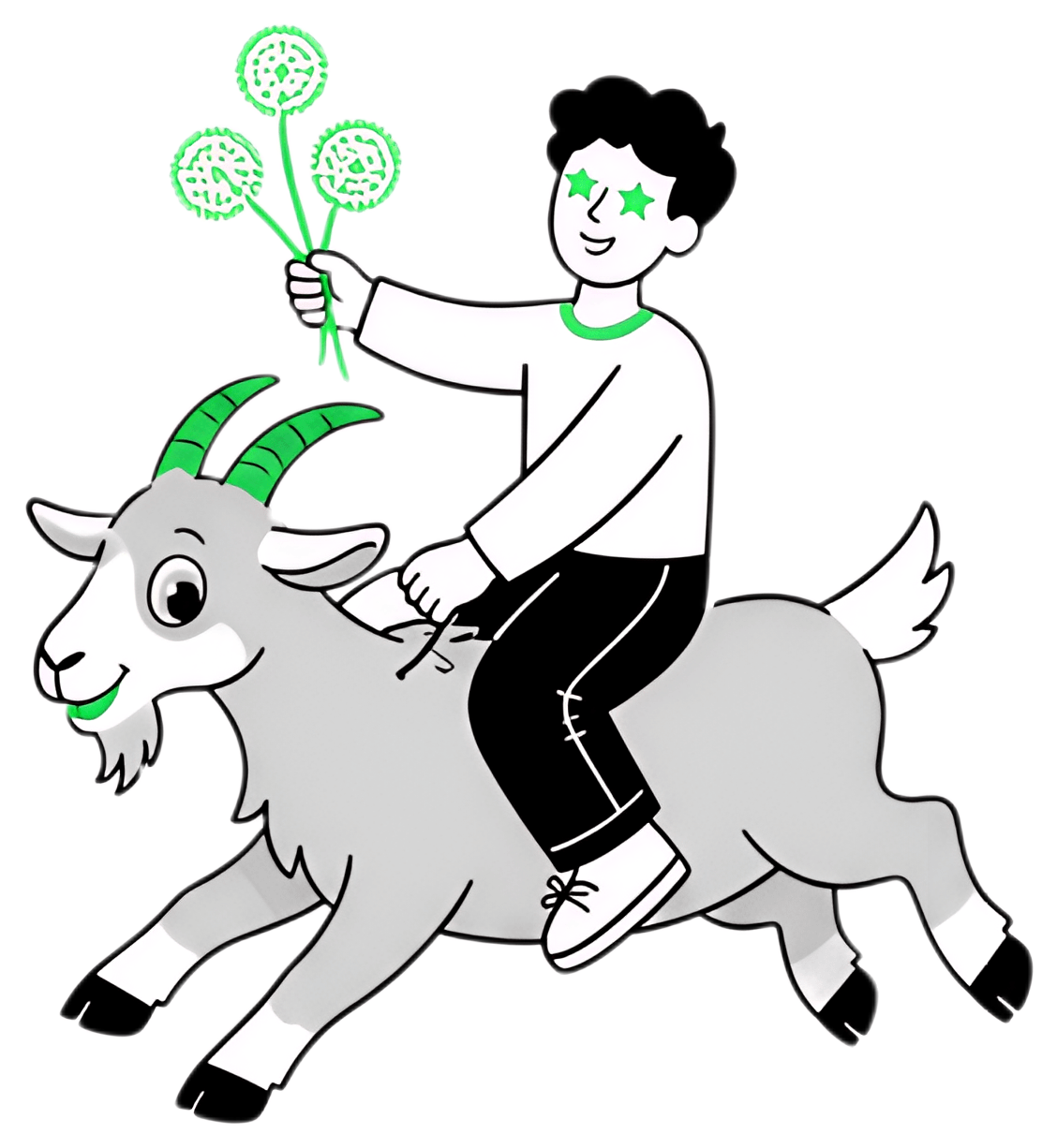A cheerful boy with star-shaped eyes rides a playful goat, holding dandelions in his hand. The scene is styled in a simplistic, cartoonish manner, predominantly featuring grey and green tones with a z