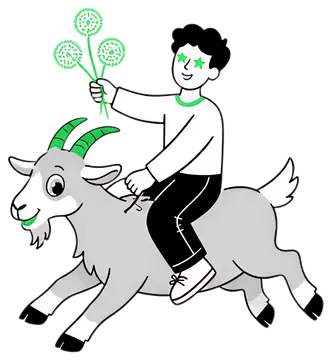 Cheerful boy riding a goat with dandelions