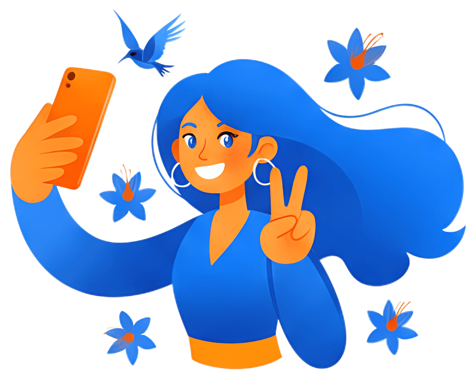 A young girl with long blue hair smiles while taking a selfie, holding a smartphone in one hand and making a peace sign with the other. Surrounding her are stylized flowers and a bird, contributing to