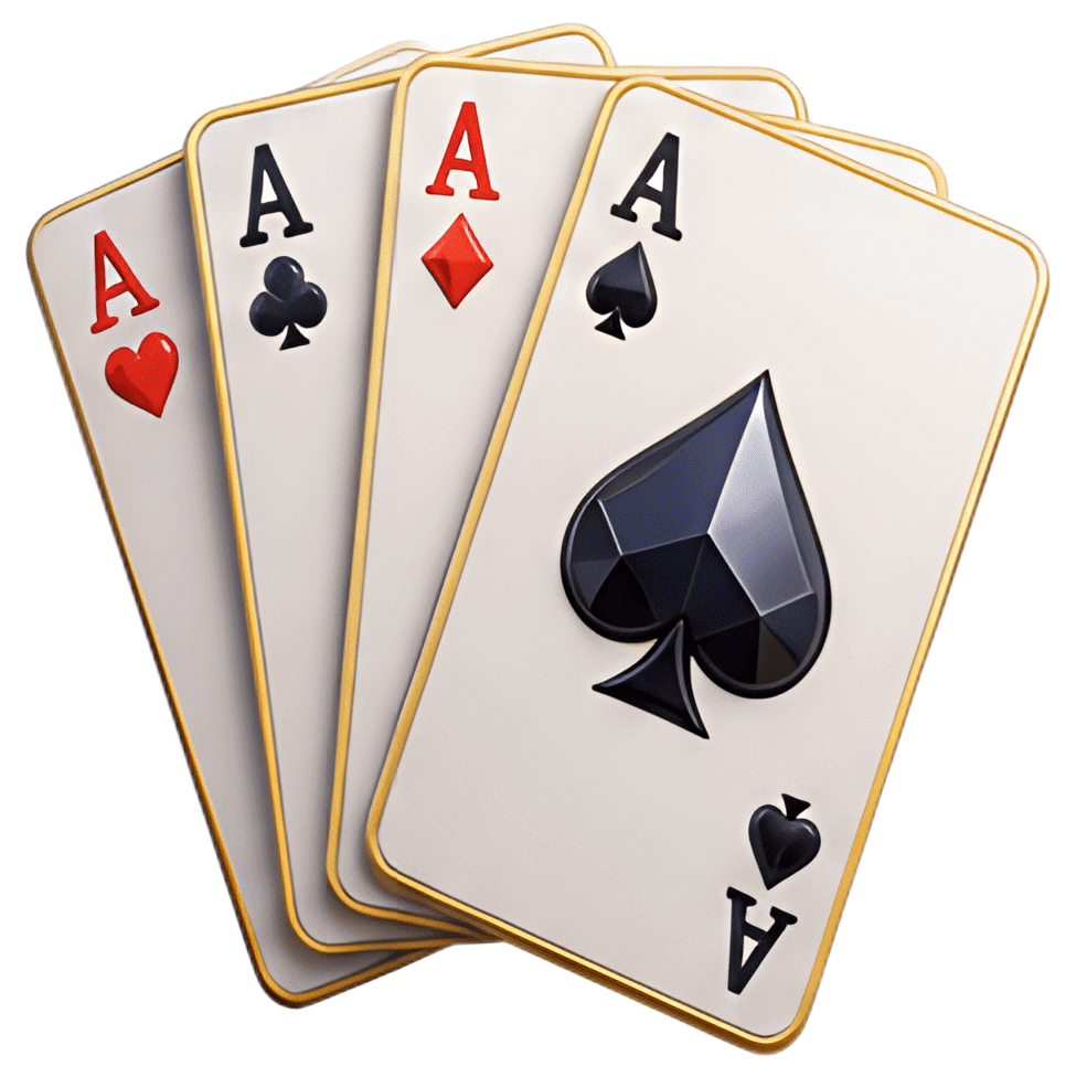 A vibrant fan of playing cards showcasing four aces, including a black spade, a red heart, a red diamond, and a black club. Each card features a distinct colored emblem with a gold trim, set against a