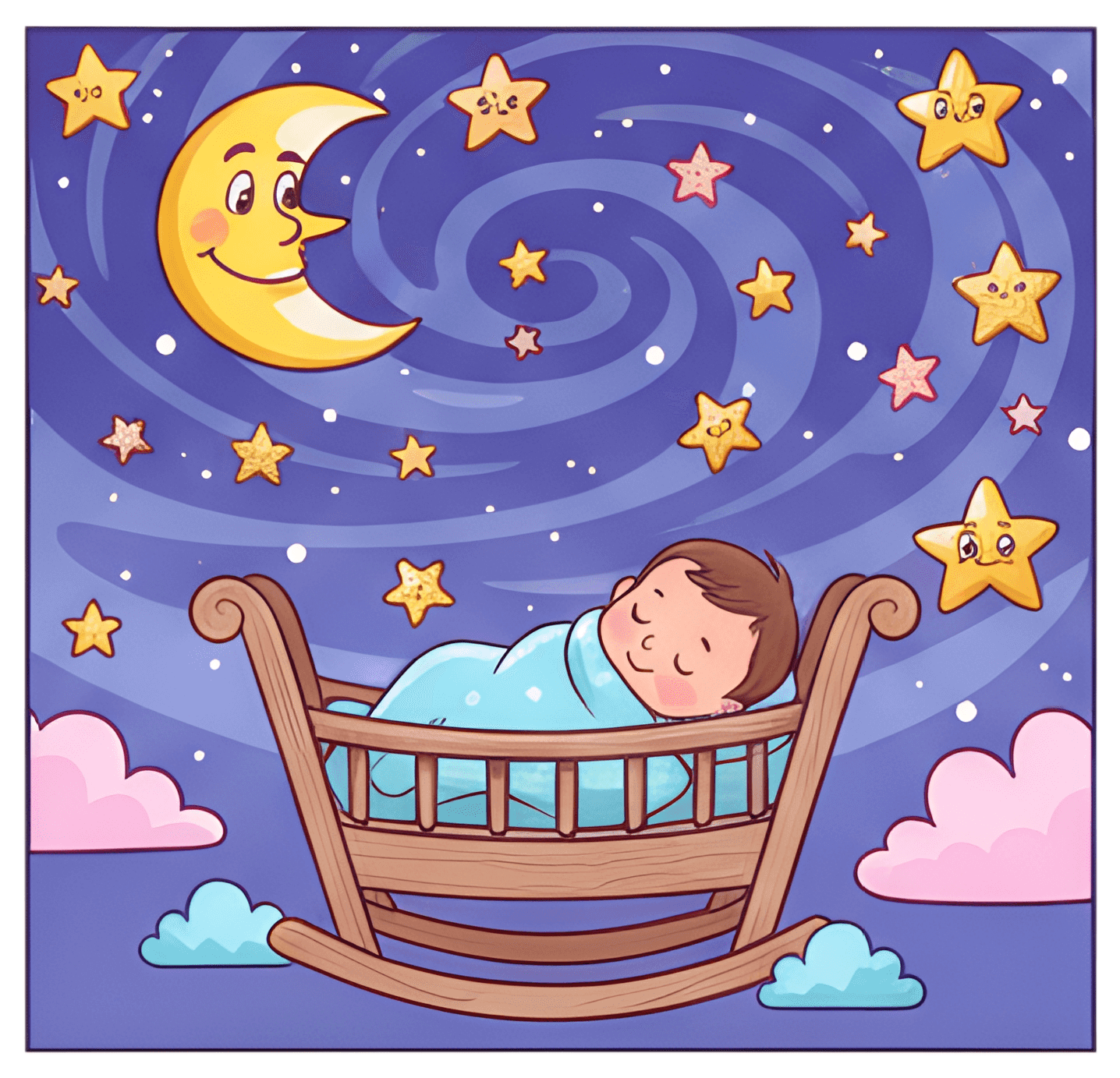 A serene illustration of a sleeping baby in a crib, wrapped in a blue blanket, beneath a swirling starry sky filled with cheerful stars and a smiling crescent moon. Soft pink clouds add a whimsical,夢y