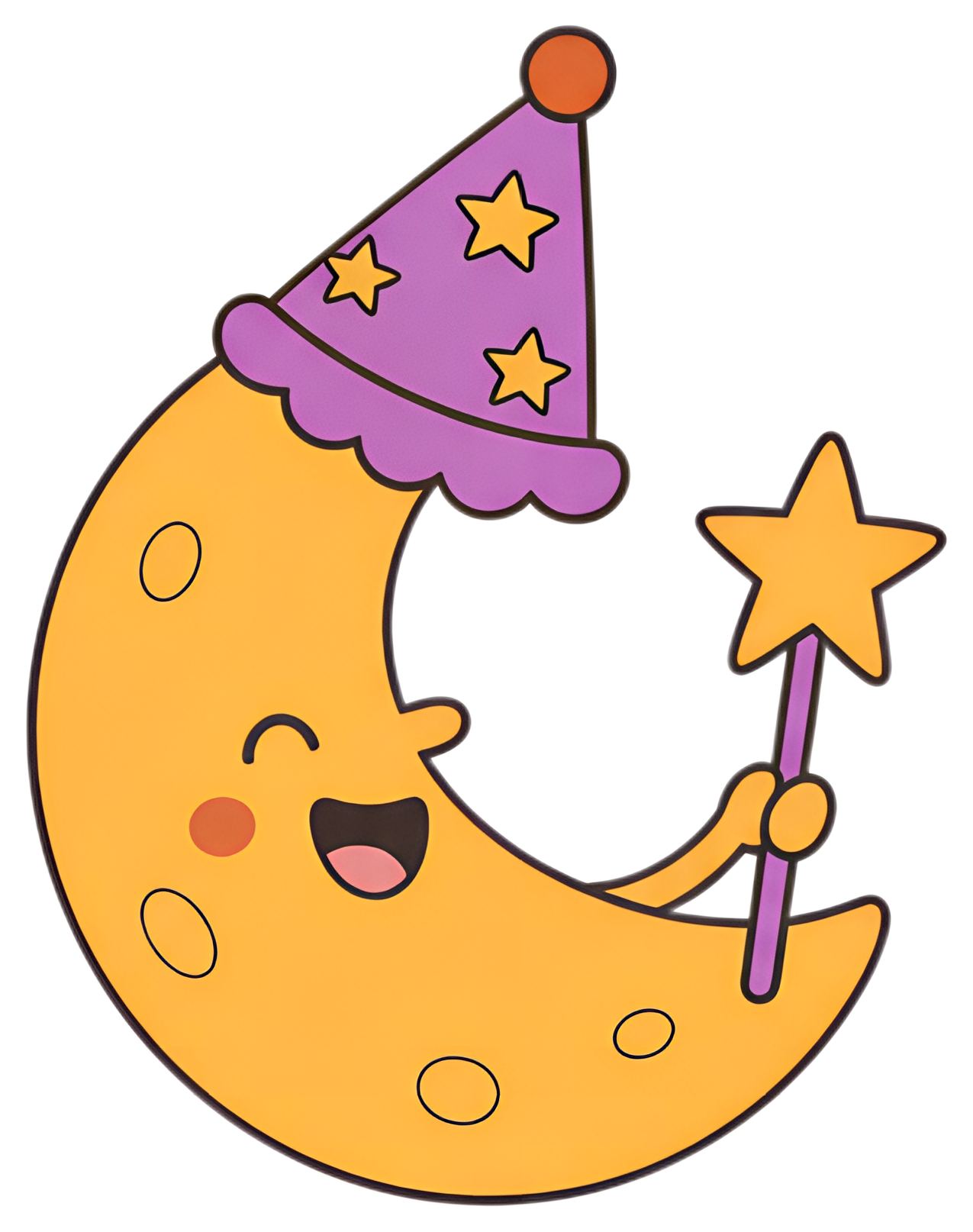 A cheerful moon with a bright yellow color, wearing a purple party hat adorned with stars and holding a star wand. The moon has a joyful expression with rosy cheeks, adding a playful touch to its cres