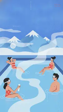 Four individuals enjoy a thermal pool against a backdrop of snowy mountains. One person reclines in the water while others are seated, wearing swimsuits and enjoying refreshments. The scene features a