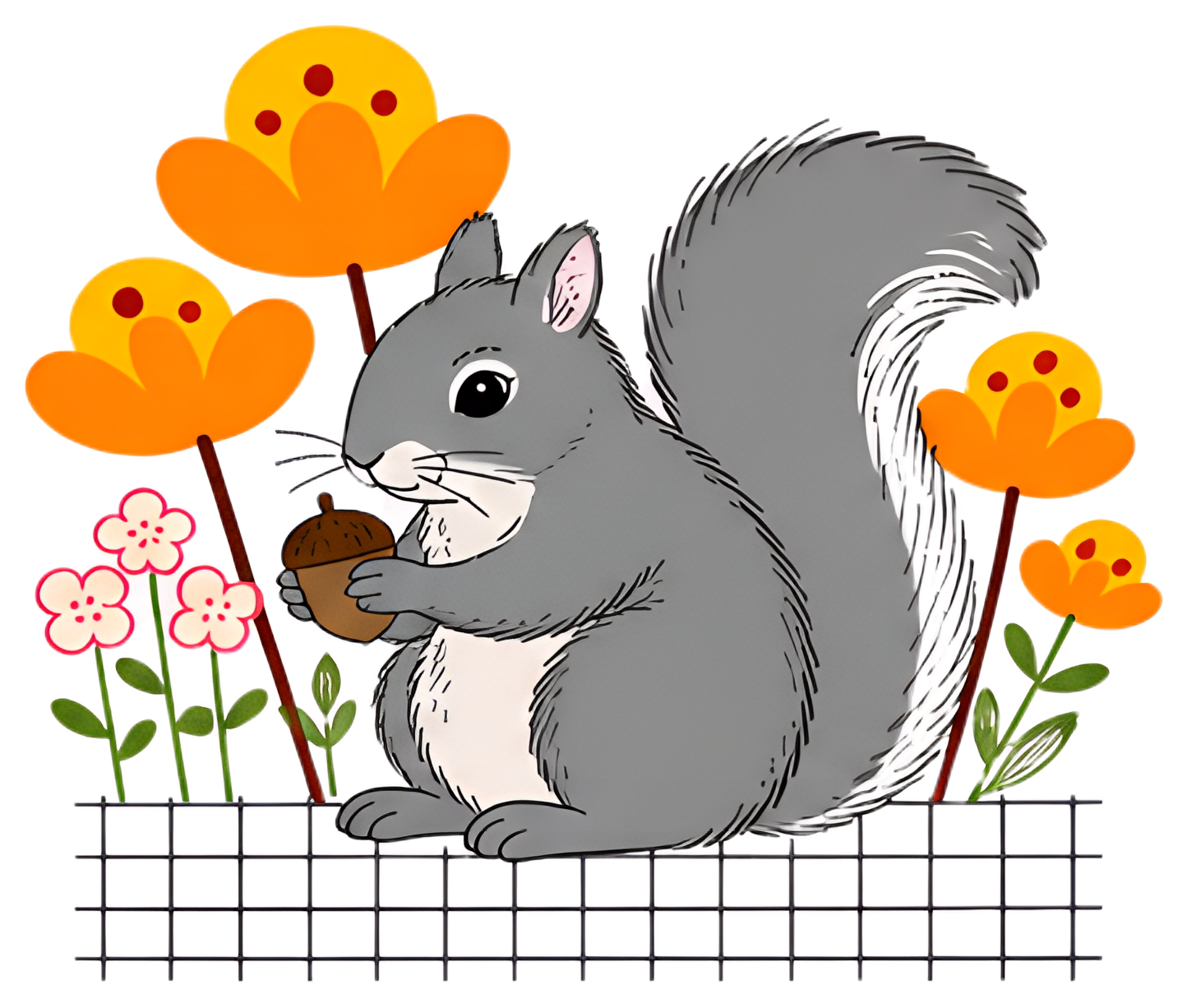A gray squirrel with a bushy tail is holding a tiny acorn in its front paws. The scene is adorned with vibrant orange flowers and delicate pink blooms against a patterned background, creating a lively