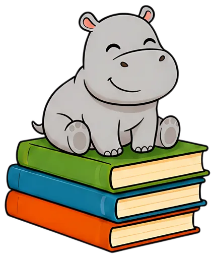 A cheerful little hippopotamus sits atop a colorful stack of three books, with vibrant green, blue, and orange coverings. The hippo has a big smile and rosy cheeks, creating an adorable and inviting,