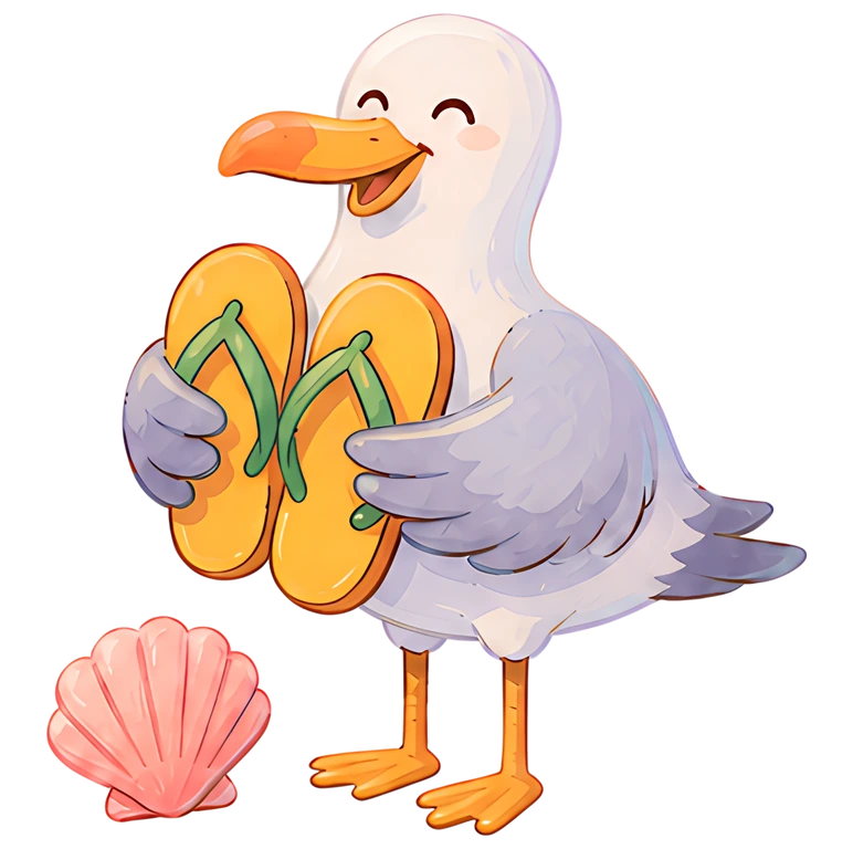 A cheerful seagull is proudly holding a pair of bright yellow flip-flops with green straps. At its feet lies a pink seashell, adding to the beachy vibe of the scene. The seagull's wings are light grey