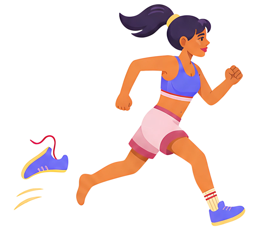 A runner strides energetically with one shoe propelled off her foot mid-action. She wears a blue sports top and pink shorts, her bare foot showing as she runs, while the shoe flies through the air, tr