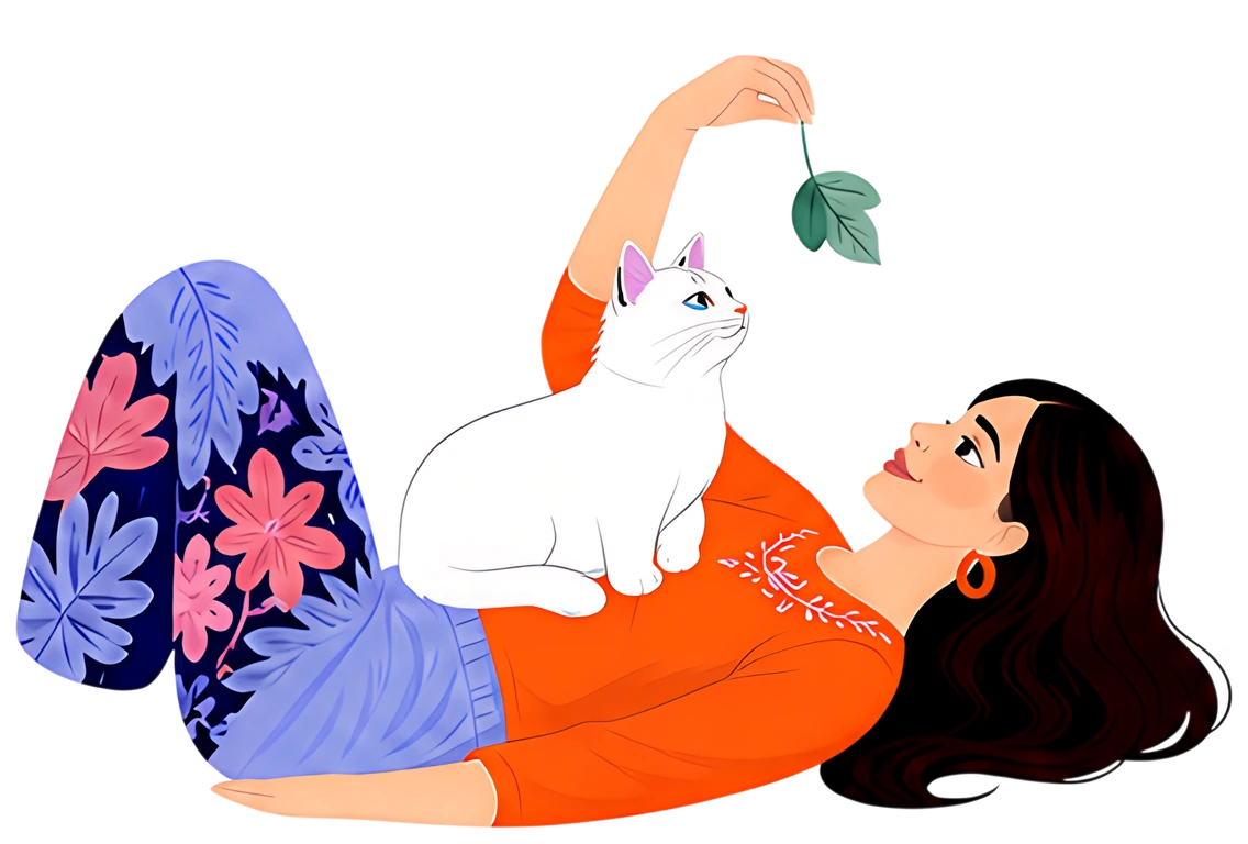 A girl reclines with her hair spread out, a white cat sitting on her stomach, while she plays with a green leaf hanging from her hand. She wears a vibrant orange top with floral accents and light blue