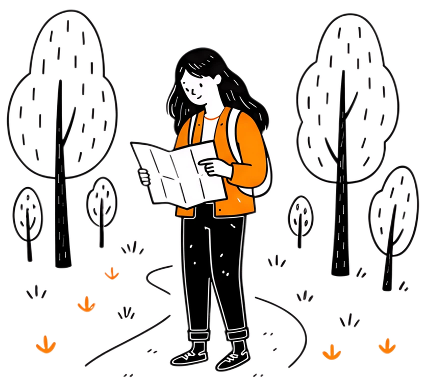 A girl wearing a denim jacket and orange backpack stands on a forest path, intently examining a map. Surrounding her are stylized trees and small orange flowers lining the trail, creating a whimsical,