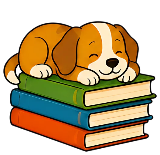 A cute dog with a brown coat is lying on its belly atop a stack of colorful books, its head comfortably resting on its paws. The stack features green, blue, and orange books, creating a charming scene