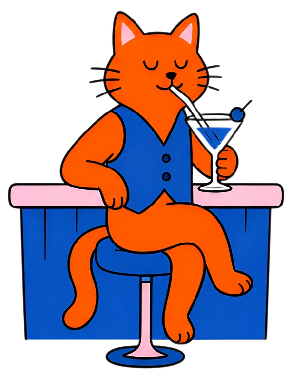 A stylish orange cat wearing a blue vest sits comfortably on a pink and blue bar stool, sipping a cocktail through a straw. The cat's relaxed pose and content expression add to the whimsical charm of