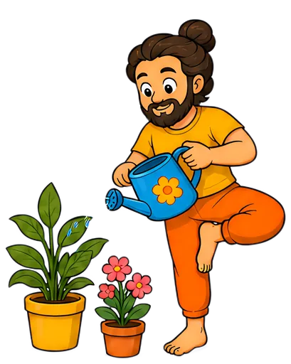 A cheerful yoga teacher in a tree pose waters indoor plants from a bright blue watering can. The scene features large green leaves, colorful flowers in pots, and a joyful expression on the teacher's顔.