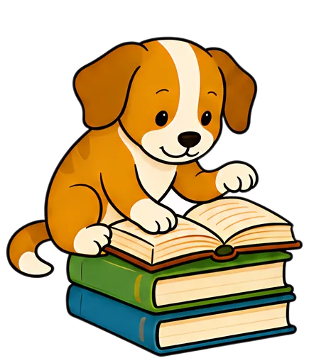 A cheerful dog is sitting on top of stacked books, using its paw to flip a page of an open book. The dog has a brown and white coat with a playful expression, set against a simple background making it