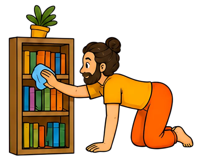 A yoga teacher is on all fours in a cat pose, using a blue cloth to dust a colorful bookshelf filled with various books. A green plant sits on top of the shelf, adding a natural touch to the scene.
