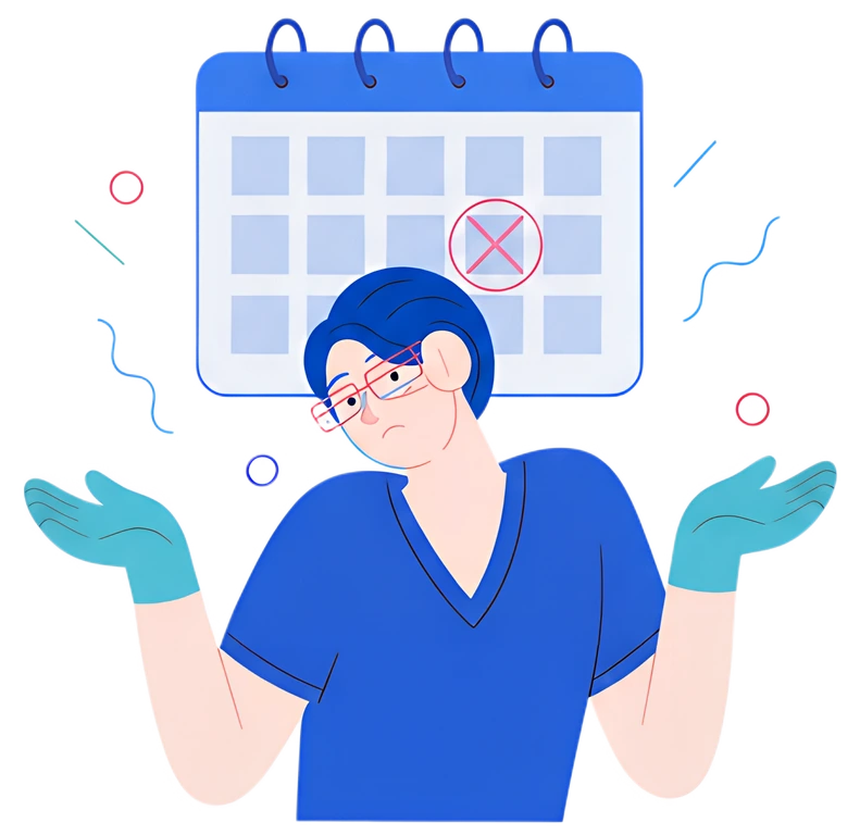 A doctor in a blue uniform with green gloves shrugs expressively in front of an empty calendar, marked with a red 'X'. The doctor has short blue hair and glasses, conveying a sense of disappointment.