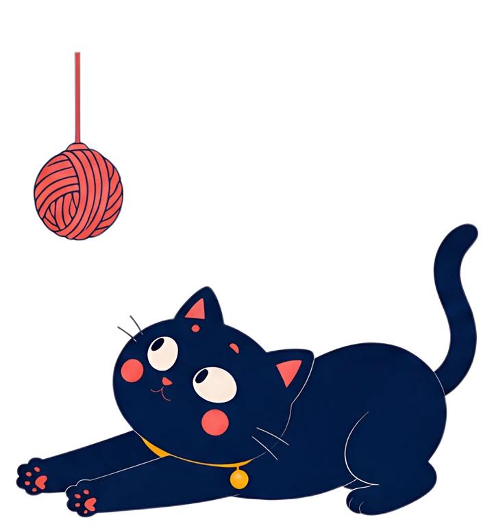 A whimsical black cat with bright pink cheeks stretches its paws towards a hanging ball of yarn, showcasing its playful spirit. The cat wears a golden bell around its neck, contrasting its deep black,