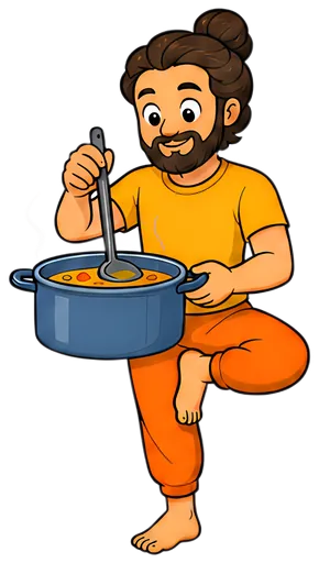 A cheerful yoga teacher balances on one leg while stirring soup in a blue pot with a spoon. He wears an orange pair of pants and a yellow shirt, with steam rising from the pot, showcasing a playful, j