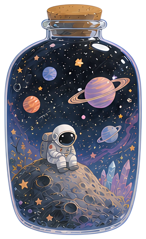 A glass bottle contains a vibrant cosmic landscape featuring an astronaut sitting on a lunar surface surrounded by planets and stars. The bottle’s interior showcases a deep blue starry sky with bursts