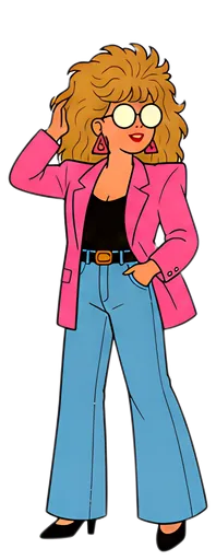 A fashionable woman styled in the vibrant aesthetic of the 1980s, featuring voluminous hair and oversized glasses. She wears a bright pink blazer with shoulder pads paired with wide-leg light blue flh