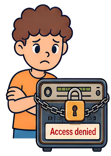 A concerned boy stands with his arms crossed in front of a radio, which is secured with a chain and padlock. A sign saying 'Access denied' is prominently displayed on the front of the radio, adding to
