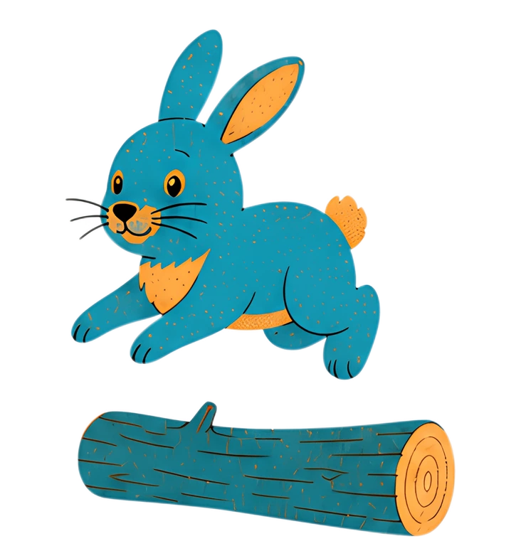 A vibrant blue bunny with orange accents is seen joyfully hopping over a wooden log. The playful pose captures the bunny's enthusiasm and energy amidst a colorful design.