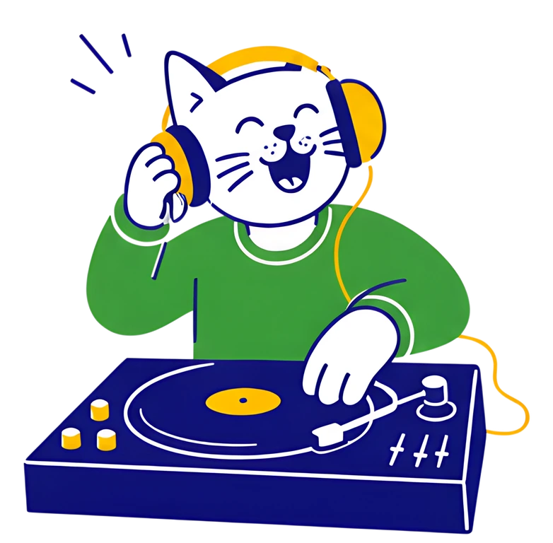 A cheerful cartoon cat wearing oversized yellow headphones grins as it scratches a turntable. The cat's green shirt and the vibrant colors of the turntable create a lively atmosphere, enhancing the DJ