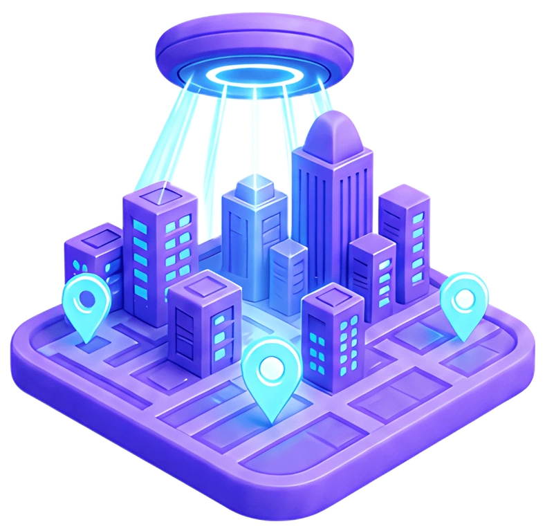 A 3D icon depicting a floating city map in vibrant purple, featuring several skyscrapers and blue location markers with beams of light illuminating the scene. The overall design has a sleek, modern, 3