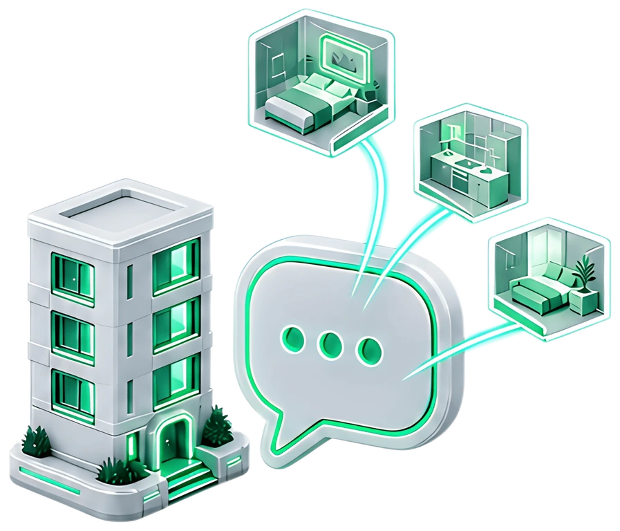 A chat bubble is depicted next to a small isometric apartment building, with several miniature room representations flying into the bubble. The color palette features soft greens and whites, creating