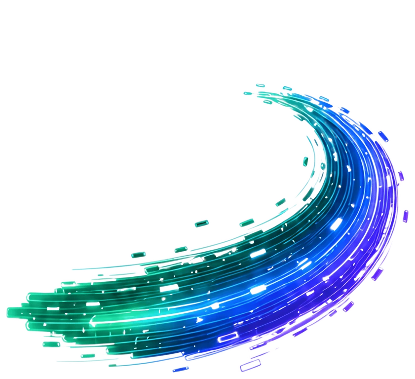 A vibrant, glowing arc of data stream transitions from emerald to electric blue, featuring sharp neon accents. The design floats in a zero-gravity environment, creating a sense of dynamic motion and a