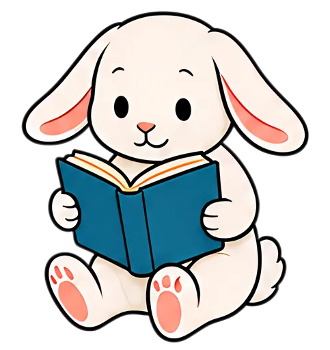 A cute rabbit sits with a book in its paws, its ears pressed down. The rabbit has a soft white fur coat and pink accents on its ears and paws, while the book is deep blue with a yellow spine, creating