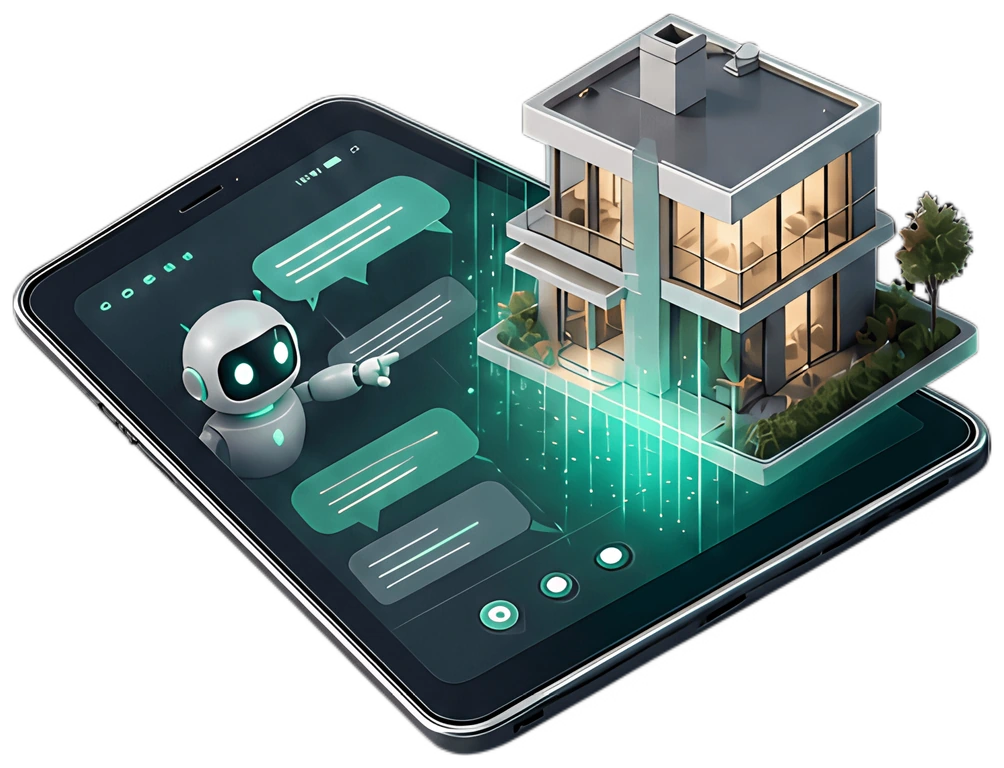 A 3D model of a white house with green glowing elements is emerging from the screen of a tablet, complemented by a chatbot character and floating speech bubbles. The background features a dark, sleek,