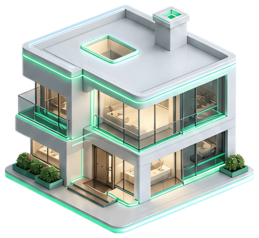 A 3D isometric house with a glowing white exterior and neon green edges, featuring multiple glass balconies and a stylish entrance. The house is depicted floating in empty space, highlighting its high