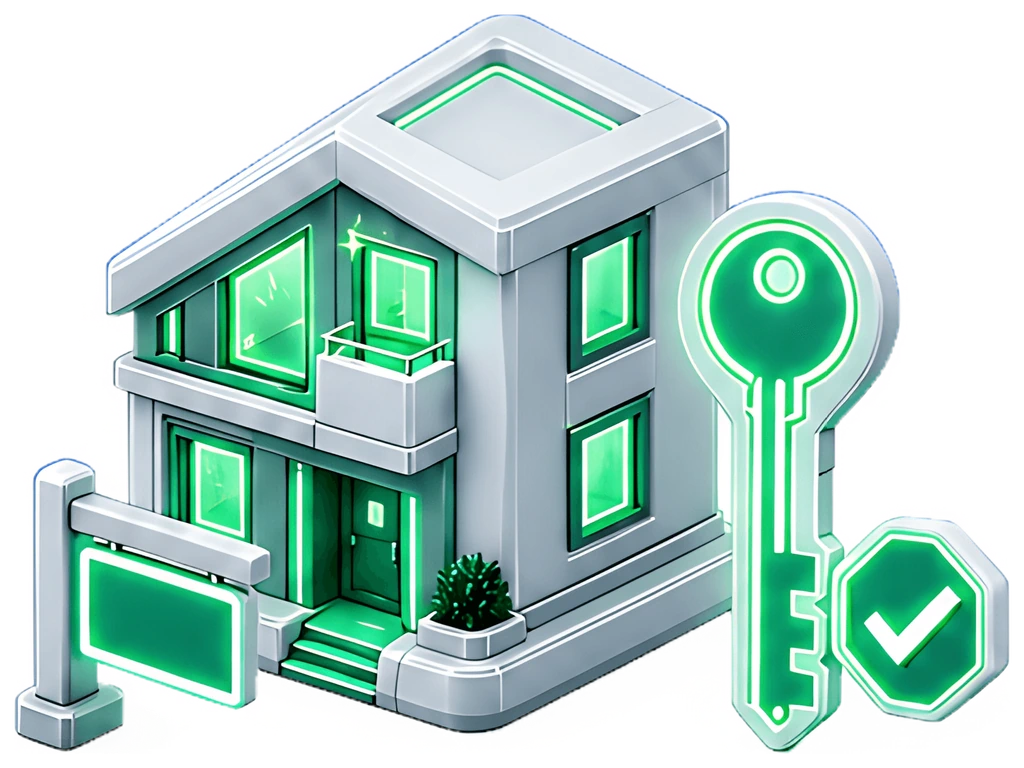 A sleek and modern house is accompanied by a glowing emerald key and a sold sign featuring a checkmark. The house features large windows and a clean aesthetic, illustrated in an isometric perspective.
